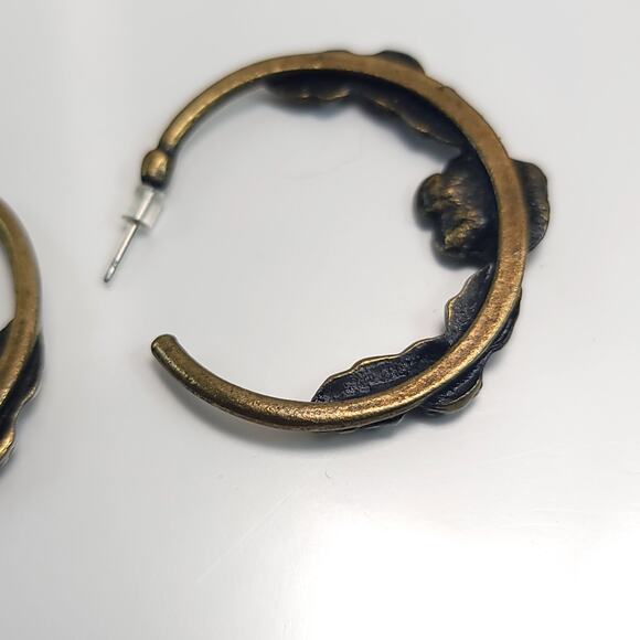 Vintage Bronze Floral Hoop Earrings with Pink Rhinestone Accents Jewelry - Picture 9 of 10